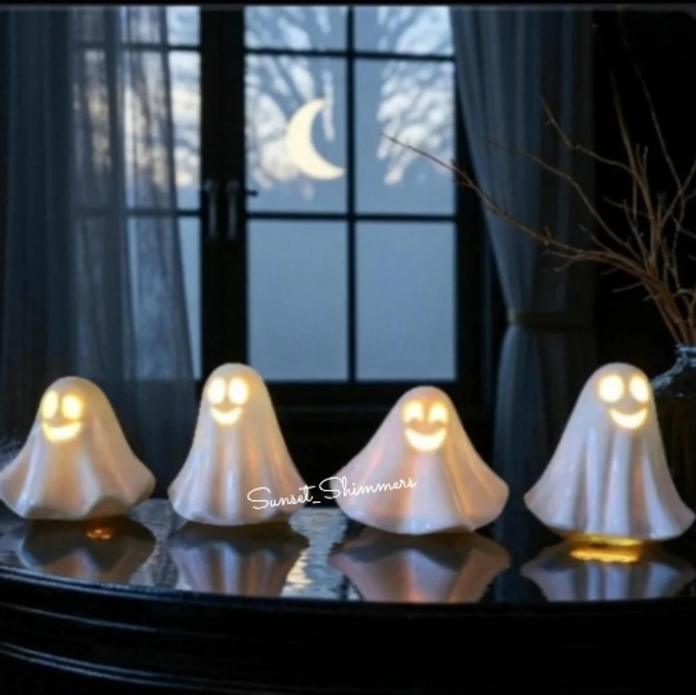 4pc Rachel Zoe Ceramic LED Light Up Smiling Ghost Tier Tray Figure Decor NEW